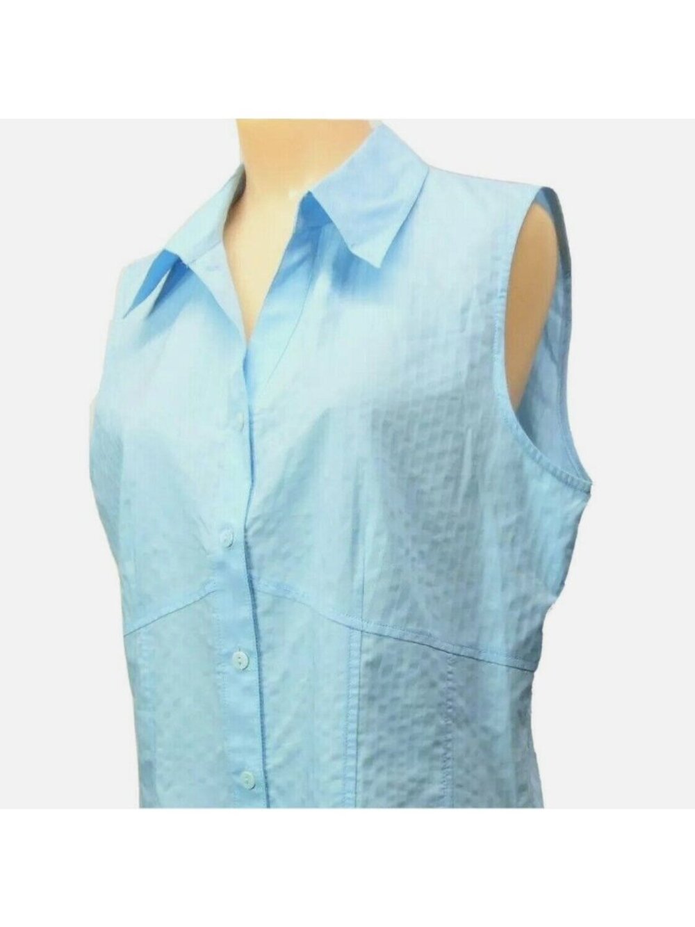Rafaella Blue Sleeveless Button Front Solid Pucker Shirt Size 12 Cotton Blend